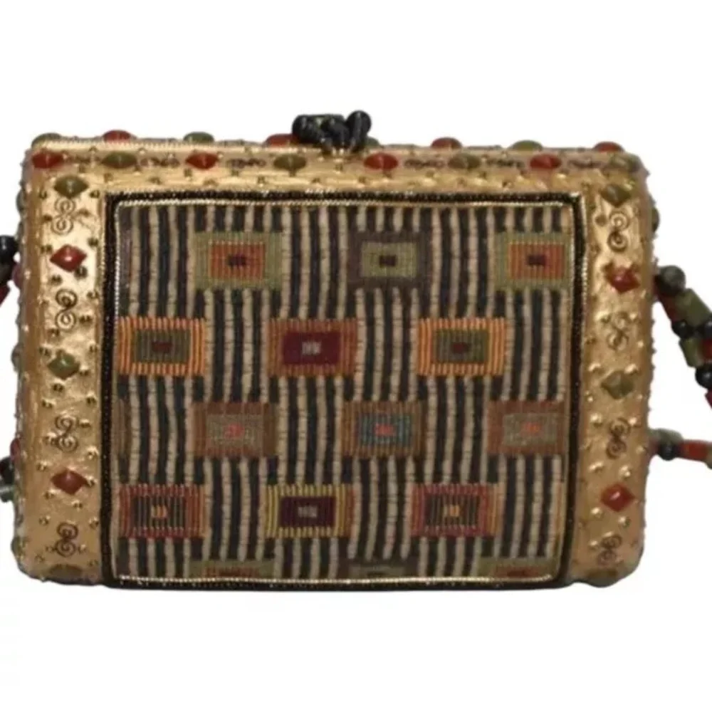 Mary Frances Beaded Gold Black Evening Purse Clutch Handbag Crossbody 7” - Picture 3 of 10